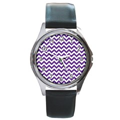 Purple And White Zigzag Pattern Round Leather Watch (silver Rim) by Zandiepants