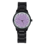 Purple And White Zigzag Pattern Sport Metal Watch (Black) Front