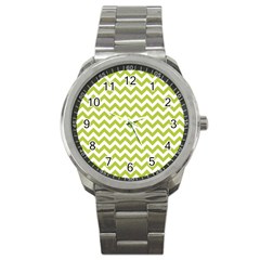 Spring Green And White Zigzag Pattern Sport Metal Watch by Zandiepants