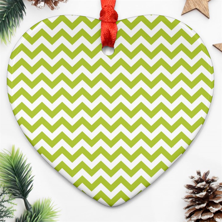 Spring Green And White Zigzag Pattern Heart Ornament (Two Sides)