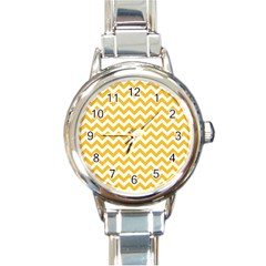 Sunny Yellow And White Zigzag Pattern Round Italian Charm Watch by Zandiepants