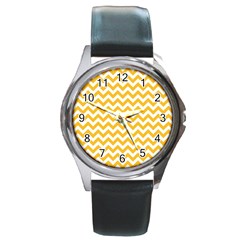 Sunny Yellow And White Zigzag Pattern Round Leather Watch (Silver Rim)