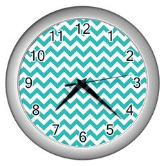 Turquoise And White Zigzag Pattern Wall Clock (silver) by Zandiepants