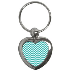 Turquoise And White Zigzag Pattern Key Chain (heart) by Zandiepants