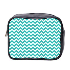 Turquoise And White Zigzag Pattern Mini Travel Toiletry Bag (two Sides) by Zandiepants