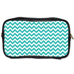 Turquoise And White Zigzag Pattern Travel Toiletry Bag (two Sides) by Zandiepants