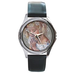 Prayinggirl Round Leather Watch (silver Rim)