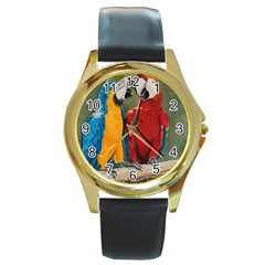 Feathered Friends Round Leather Watch (gold Rim) 