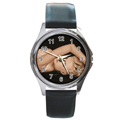 Alluring Round Leather Watch (silver Rim)