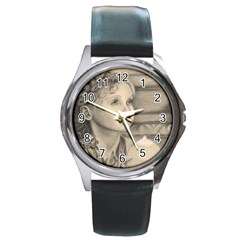 Light1 Round Leather Watch (silver Rim) by TonyaButcher