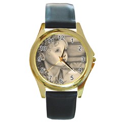 Light1 Round Leather Watch (gold Rim)  by TonyaButcher