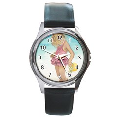 Beach Play Sm Round Leather Watch (silver Rim) by TonyaButcher