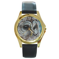 Barred Owl Round Leather Watch (gold Rim)  by TonyaButcher