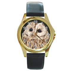 Tawny Owl Round Leather Watch (gold Rim)  by TonyaButcher