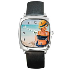 A Day At The Beach Square Leather Watch