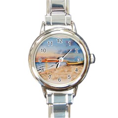 Sunset Beach Watercolor Round Italian Charm Watch by TonyaButcher