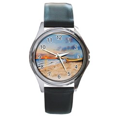 Sunset Beach Watercolor Round Leather Watch (silver Rim)