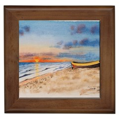 Sunset Beach Watercolor Framed Ceramic Tile