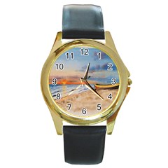 Sunset Beach Watercolor Round Leather Watch (gold Rim)  by TonyaButcher