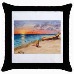 Alone On Sunset Beach Black Throw Pillow Case by TonyaButcher