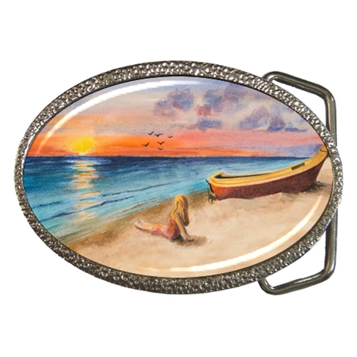 Alone On Sunset Beach Belt Buckle (Oval)