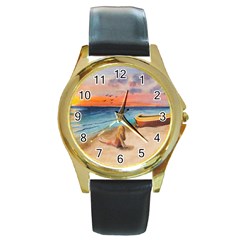 Alone On Sunset Beach Round Leather Watch (gold Rim)  by TonyaButcher