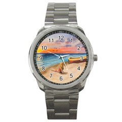 Alone On Sunset Beach Sport Metal Watch by TonyaButcher