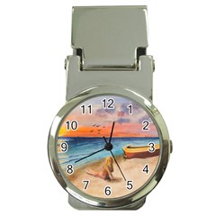 Alone On Sunset Beach Money Clip With Watch