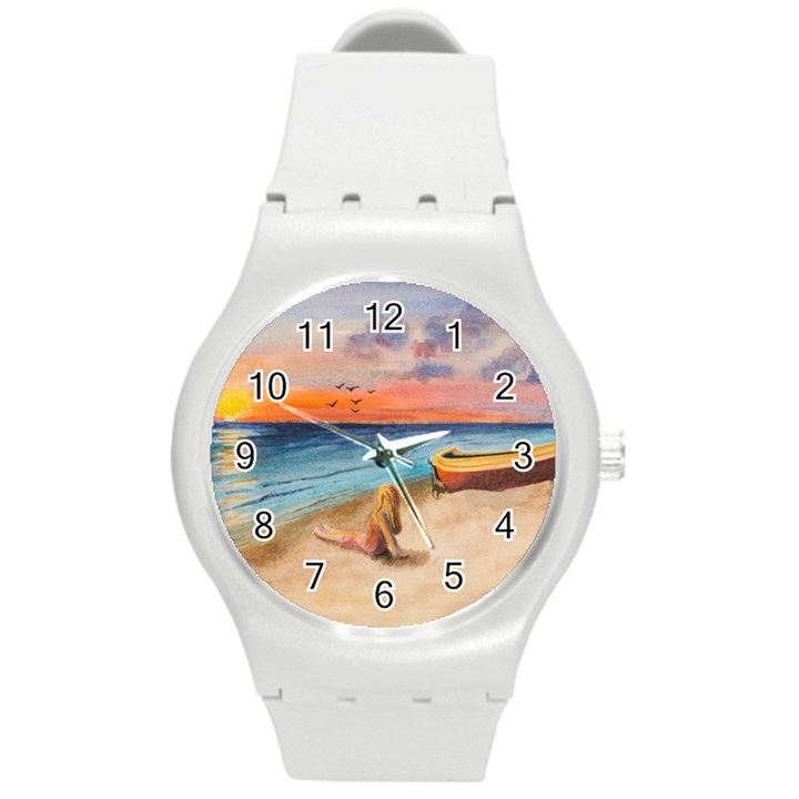 Alone On Sunset Beach Plastic Sport Watch (Medium)