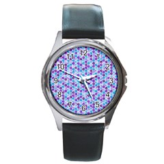 Purple Blue Cubes Round Leather Watch (silver Rim)