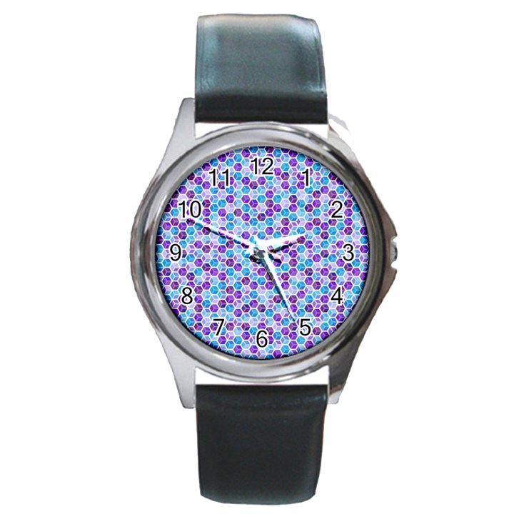 Purple Blue Cubes Round Leather Watch (Silver Rim)