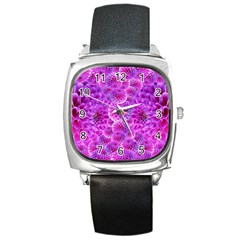 Purple Dahlias Square Leather Watch