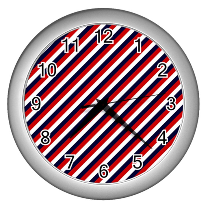 Diagonal Patriot Stripes Wall Clock (Silver)