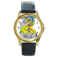 Faerie Wish Round Leather Watch (gold Rim)  by StuffOrSomething