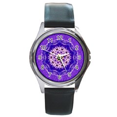 Sarah Round Leather Watch (silver Rim)