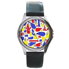 Silly Primaries Round Leather Watch (silver Rim) by StuffOrSomething