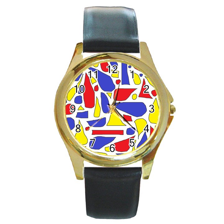 Silly Primaries Round Leather Watch (Gold Rim) 