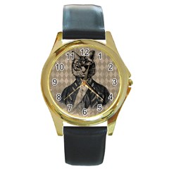 Harlequin Cat Round Leather Watch (gold Rim)  by StuffOrSomething