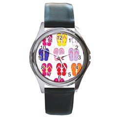 Flip Flop Collage Round Leather Watch (silver Rim)