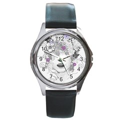 Flower Child Of Hope Round Leather Watch (silver Rim) by FunWithFibro