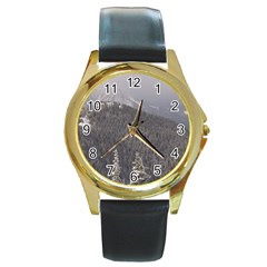 Mountains Round Leather Watch (gold Rim) 