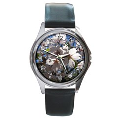 Cherry Blossoms Round Leather Watch (silver Rim) by DmitrysTravels