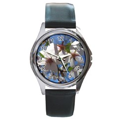 Cherry Blossoms Round Leather Watch (silver Rim) by DmitrysTravels