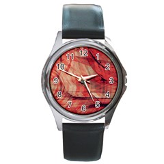 Grey And Red Round Leather Watch (silver Rim)