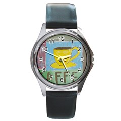 Kaffe Painting Round Leather Watch (silver Rim)