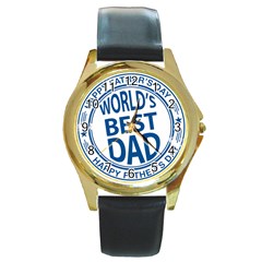 Fathers Day Rubber Stamp Effect Round Leather Watch (gold Rim)  by Zandiepants