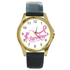 Survivor Stronger Than Cancer Pink Ribbon Round Leather Watch (gold Rim)  by breastcancerstuff