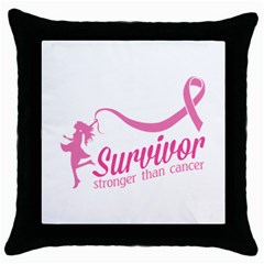 Survivor Stronger Than Cancer Pink Ribbon Black Throw Pillow Case by breastcancerstuff