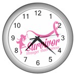 Survivor Stronger Than Cancer Pink Ribbon Wall Clock (Silver) Front