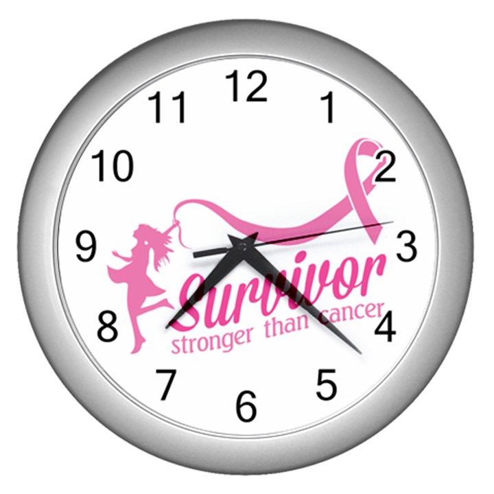 Survivor Stronger Than Cancer Pink Ribbon Wall Clock (Silver)